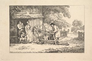 Wędrowny ostrzar przy drzwiach chaty autorstwa Thomas Rowlandson