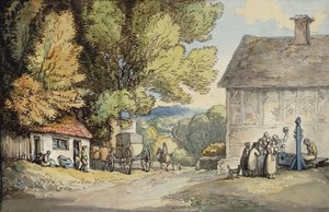 Wioska zieleń: kareta zatrzymana pod drzewem z mężczyzną w dybach i grupą gapiów, autorstwa Thomas Rowlandson