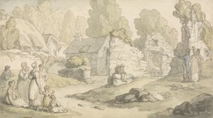Scena wioski z postaciami i zrujnowanymi budynkami (akwarela, długopis i atrament i ołówek na papierze) autorstwa Thomas Rowlandson
