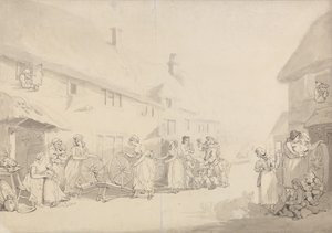 Scena wiejska z dziewczynami przy kołowrotkach autorstwa Thomas Rowlandson