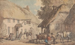 Wiejska ulica, po której przepędza się bydło i owce autorstwa Thomas Rowlandson