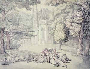 College green z grupą dziewcząt i młodych dżentelmenów na pierwszym planie, ok. 1810-15 (pióro i atrament oraz akwarela na ołówku na papierze) autorstwa Thomas Rowlandson