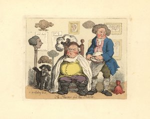 Fryzjer i klient w zakładzie fryzjerskim ozdobionym perukami. autorstwa Thomas Rowlandson