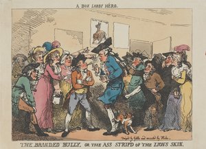 „Bohater z lobby”, „Znany łobuz” albo „Osioł pozbawiony lwiej skóry” autorstwa Thomas Rowlandson