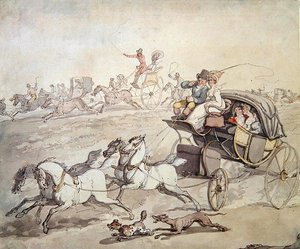Wózki i jeźdźcy z pełną prędkością przez otwarte tereny trawiaste, ok. 1800 (pióro i atrament z praniem na papierze) autorstwa Thomas Rowlandson