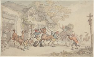 Zmiana koni w zajazdzie we Francji autorstwa Thomas Rowlandson