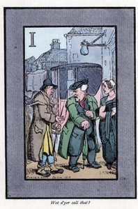 Sprawdź, jak Hackney skarży się pasażerom na drobne napiwki (1819). Drzeworyt, oparty na obrazie Thomasa Rowlandsona (1756-1827), opublikowanym w The Cris of London: z sześciorgiem uroczych dzieci i prawie 40 ilustracjami, Andrew Tuer, Field i Tuer, autorstwa Thomas Rowlandson