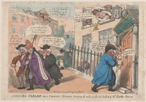Chelsea Parade lub rechotujący członek badający wnętrze na zewnątrz i tył ..., 4 marca 1809 r. autorstwa Thomas Rowlandson