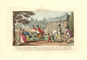 Dzieci bawiące się na wózkach rozcinają świeżo zwinięty żwirowy podjazd autorstwa Thomas Rowlandson