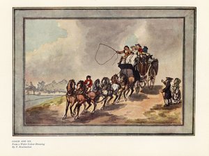 Autokar i sześć koni z pasażerami i bagażami na dachu autorstwa Thomas Rowlandson