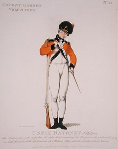 Covent Garden Volunteer, tablica 23 z „Loyal Volunteers of London and Environs”, opublikowana 1798 (kolor lito) autorstwa Thomas Rowlandson