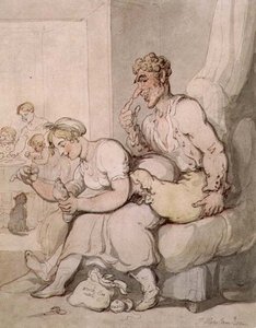 Cerowanie skarpety (pióro i tusz, akwarela) autorstwa Thomas Rowlandson