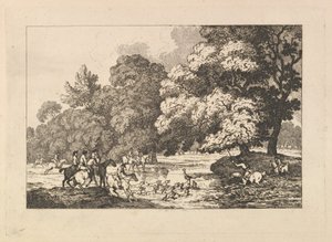 Polowanie na jelenie – pejzaż przedstawiający jelenia i psy myśliwskie nad rzeką autorstwa Thomas Rowlandson