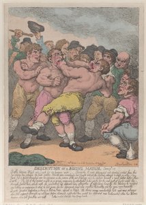 Opis meczu bokserskiego pomiędzy Wardem a Quirkiem za 100 gwinei na stronę, Marc..., 1 marca 1812. autorstwa Thomas Rowlandson
