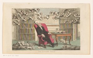 Doktor Syntax śpi w bibliotece Sen Doktora (tytuł na obiekcie) autorstwa Thomas Rowlandson
