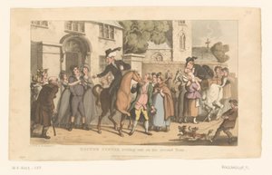 Doktor Syntax wyjeżdża z wioski na koniu autorstwa Thomas Rowlandson