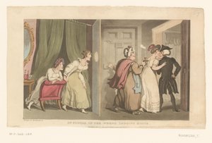 Doktor Syntax zostaje zaprowadzony przez drzwi przez dwie kobiety autorstwa Thomas Rowlandson