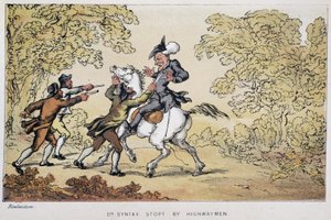 Dr Syntax zatrzymany przez bandytów – w „Trzech wyprawach doktora Syntaxa: w poszukiwaniu malowniczej pociechy i żony”” Williama Combe, chor. Rowlandson autorstwa Thomas Rowlandson