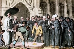 Dr Syntax obserwuje spuszczanie trumny swojej żony do grobu, 1820 autorstwa Thomas Rowlandson