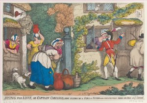 Dying for Love lub Captain Careless, zastrzelony przez piętnastolatkę, która niespodziewanie pop..., 1810. autorstwa Thomas Rowlandson