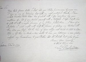 Najwcześniejszy znany list artysty do pana Downsa, potencjalnego patrona, 8 grudnia 1797 (pióro i atrament na papierze) autorstwa Thomas Rowlandson