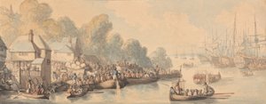 Zaokrętowanie w Southampton, 20 czerwca 1794 (akwarela i długopis oraz brązowy, szary i czerwono-brązowy tusz na graficie na średnim, lekko teksturowanym, kremowym papierze) autorstwa Thomas Rowlandson