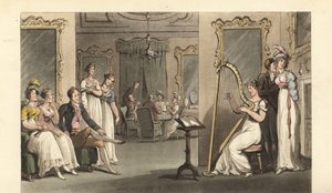 Angielski dżentelmen i panie słuchają harfisty na balu autorstwa Thomas Rowlandson