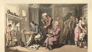 Angielski dżentelmen piszący list błagalny w zrujnowanym salonie autorstwa Thomas Rowlandson