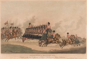 „Wyprawa Muchy Wojskowej” (akwatinta, kolor) autorstwa Thomas Rowlandson