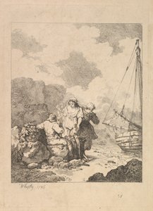 Rybacy nad brzegiem - scena na wybrzeżu z mężczyzną siedzącym na skałach i palącym fajkę, Nex..., 1786. autorstwa Thomas Rowlandson