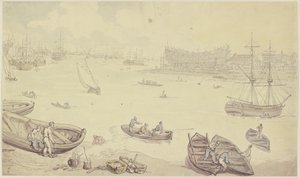 Rzeka z wieloma statkami i stocznią autorstwa Thomas Rowlandson