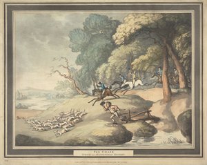 Polowanie na lisy [zestaw czterech obrazów]:  3. Pościg za lisem / Scena w pobliżu gęstego zagajnika w Maidenhead autorstwa Thomas Rowlandson