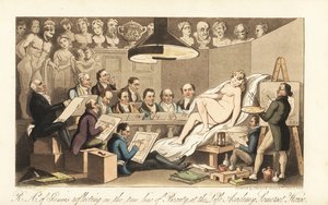 Gruzińscy artyści, w tym Benjamin West, Thomas Lawrence, Benjamin Haydon, Joseph Farrington, Richard Westall i Martin Archer Shee, rysują nagą modelkę, podczas gdy klasyczne popiersia spoglądają w dół. Królewscy Akademicy Geniuszu zastanawiający się nad pr autorstwa Thomas Rowlandson