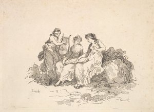 Harmonia - dwie śpiewające nimfy, inna grająca na lirze, 1784-88. autorstwa Thomas Rowlandson