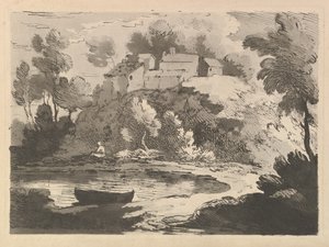 Krajobraz pagórkowatej rzeki, łódź w wodzie na pierwszym planie po lewej stronie, figura na dalekim brzegu..., 1783-84. autorstwa Thomas Rowlandson