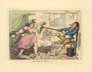 Mąż powstrzymuje gniewną żonę mopem. autorstwa Thomas Rowlandson