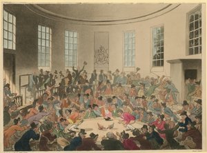 Ilustracja przedstawiająca tłum oglądający walkę kogutów autorstwa Thomas Rowlandson