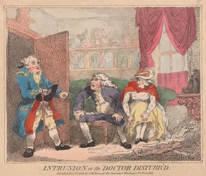 Intrusion or the Doctor Disturbd, wyd. 1786 (ręcznie kolorowane grawerowanie) autorstwa Thomas Rowlandson