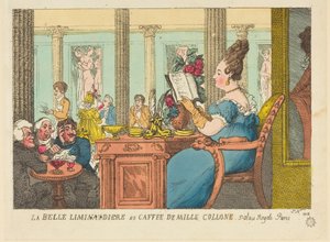 „La Belle Limonaudiere” w Café des Mille Colonnes, Palais Royal, Paryż autorstwa Thomas Rowlandson