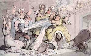Dama z peruką w ogniu (pióro i atrament oraz akwarela na papierze) autorstwa Thomas Rowlandson