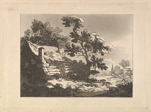 Pejzaż z chatą pośród drzew po lewej stronie i wieżą kościoła w oddali po prawej stronie autorstwa Thomas Rowlandson