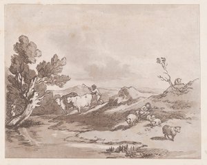 Pejzaż z postacią zaganiającą bydło do wody, 21 maja 1789., 21 maja 1789. autorstwa Thomas Rowlandson