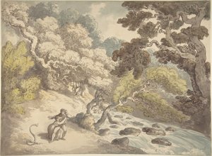 Krajobraz z rwącym strumieniem i parą na brzegu, przestraszoną przez węża autorstwa Thomas Rowlandson