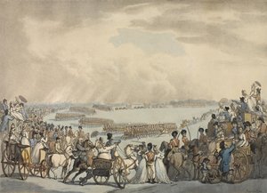 Light Horse Volunteers of London and Westminster, dowodzony przez pułkownika Herriesa, zrecenzowany przez Jego Wysokość na Wimbledon Common, 5 lipca 1798 (kolorowa akwatinta) autorstwa Thomas Rowlandson
