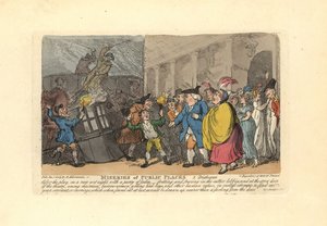 Mężczyźni i kobiety szukający powozu w tłumie w deszczu. autorstwa Thomas Rowlandson