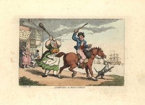 Mężczyzna bijący pałką upartego konia, podczas gdy właściciel Wido autorstwa Thomas Rowlandson