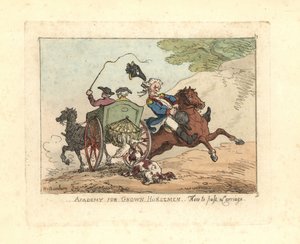 Mężczyzna tracący kontrolę nad wierzchowcem podczas przejeżdżania przez powóz. autorstwa Thomas Rowlandson