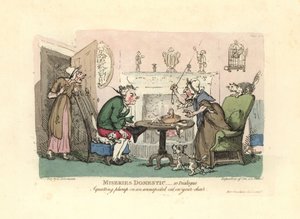 Mężczyzna siada na przestraszonego kota na swoim krześle. autorstwa Thomas Rowlandson