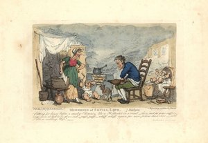 Mężczyzna używający miecha przed ogniem w zadymionym pokoju. autorstwa Thomas Rowlandson