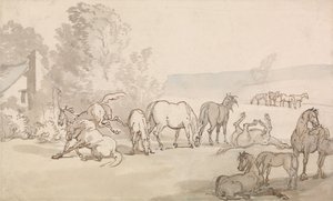 Klacze i źrebaki na polu autorstwa Thomas Rowlandson